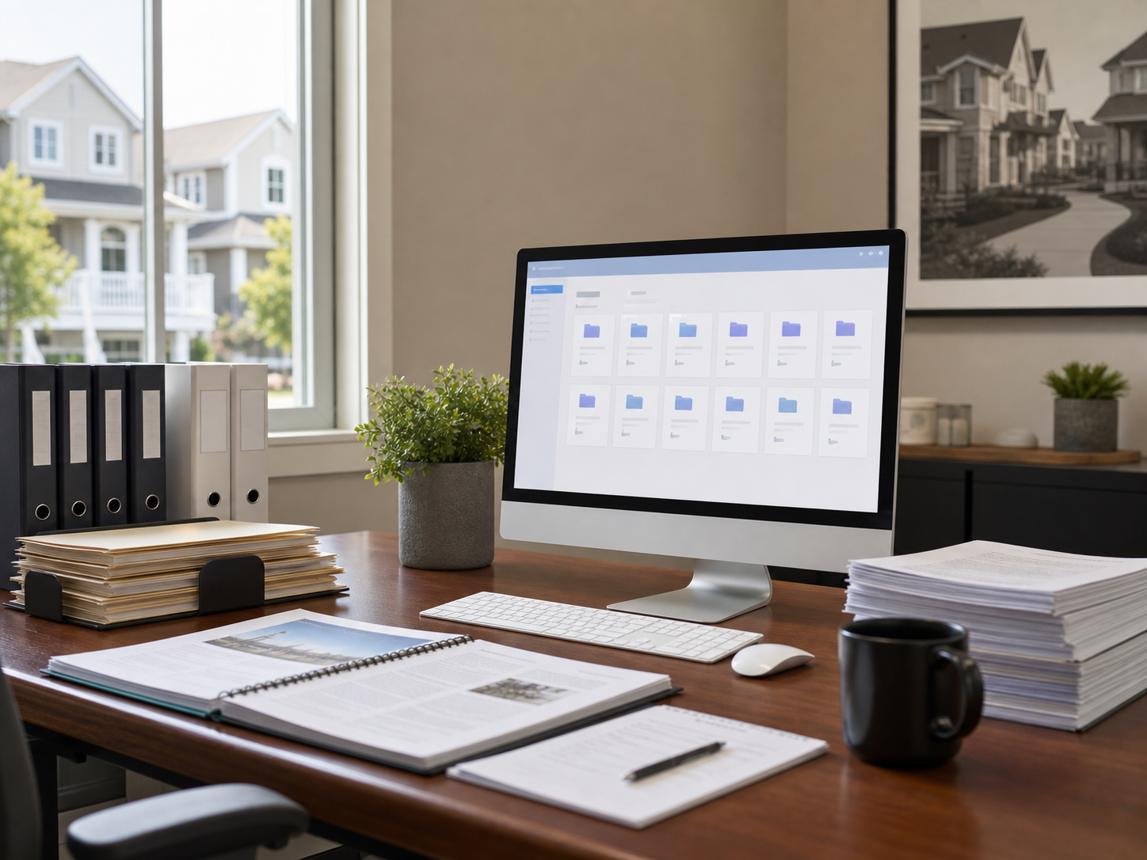 Organized office desk with business documents and a computer